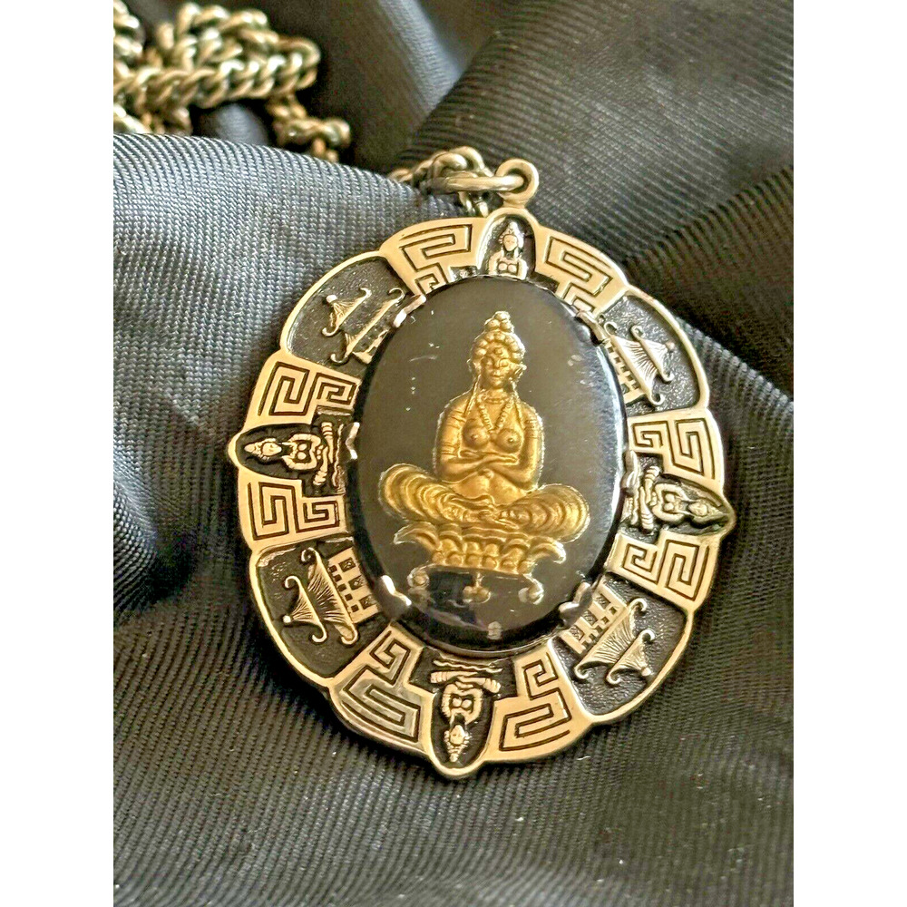 Vintage Intaglio Buddhist Goddess Pendant Necklace Ornate Temple Frame